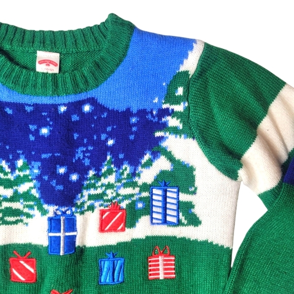 Festive Green Christmas Sweater with Santa and Gifts Kids "Ugly" Large (10-12) - Picture 2 of 4